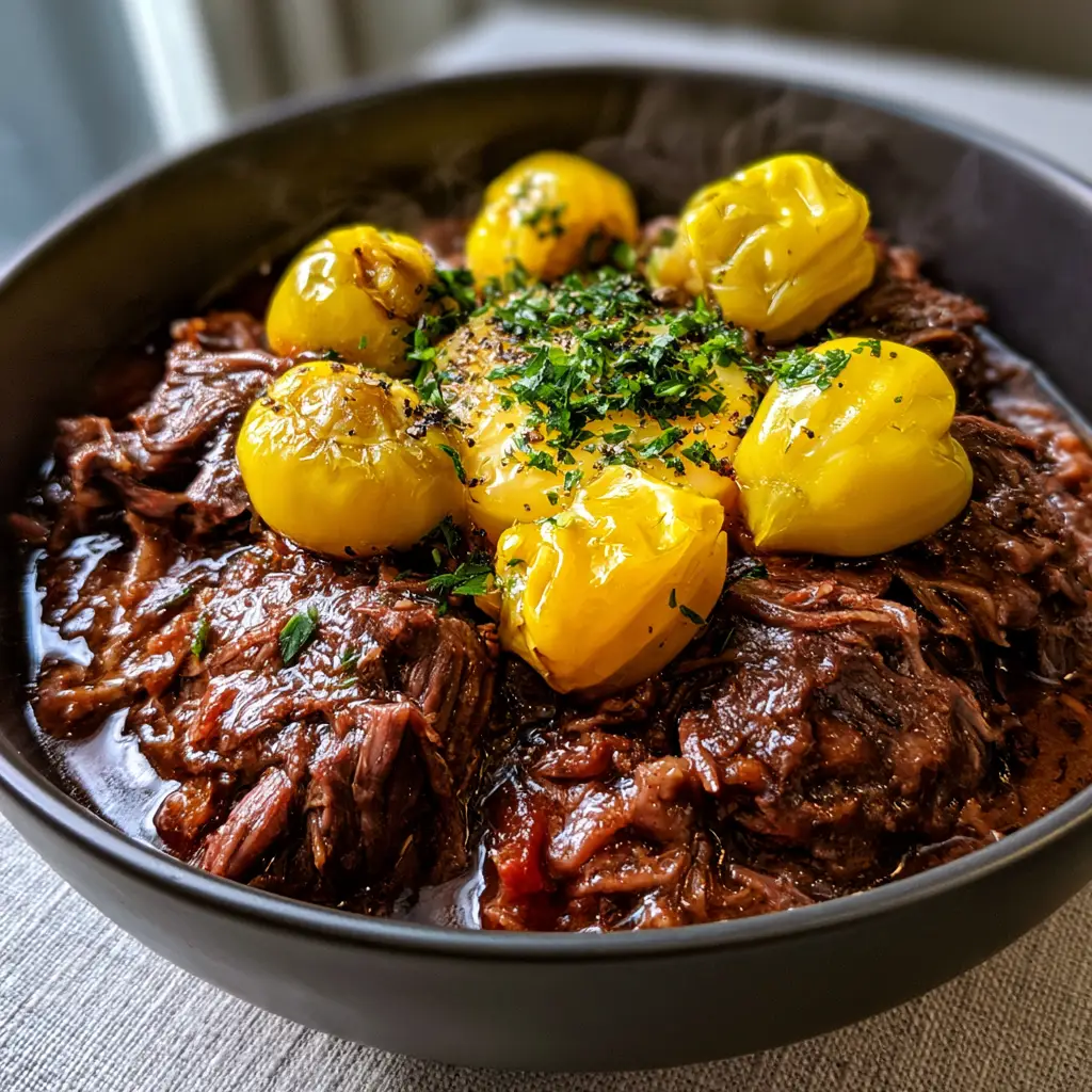 Mississippi pot roast served in a modern matte charcoal ceramic bowl on a light-grey linen surface.