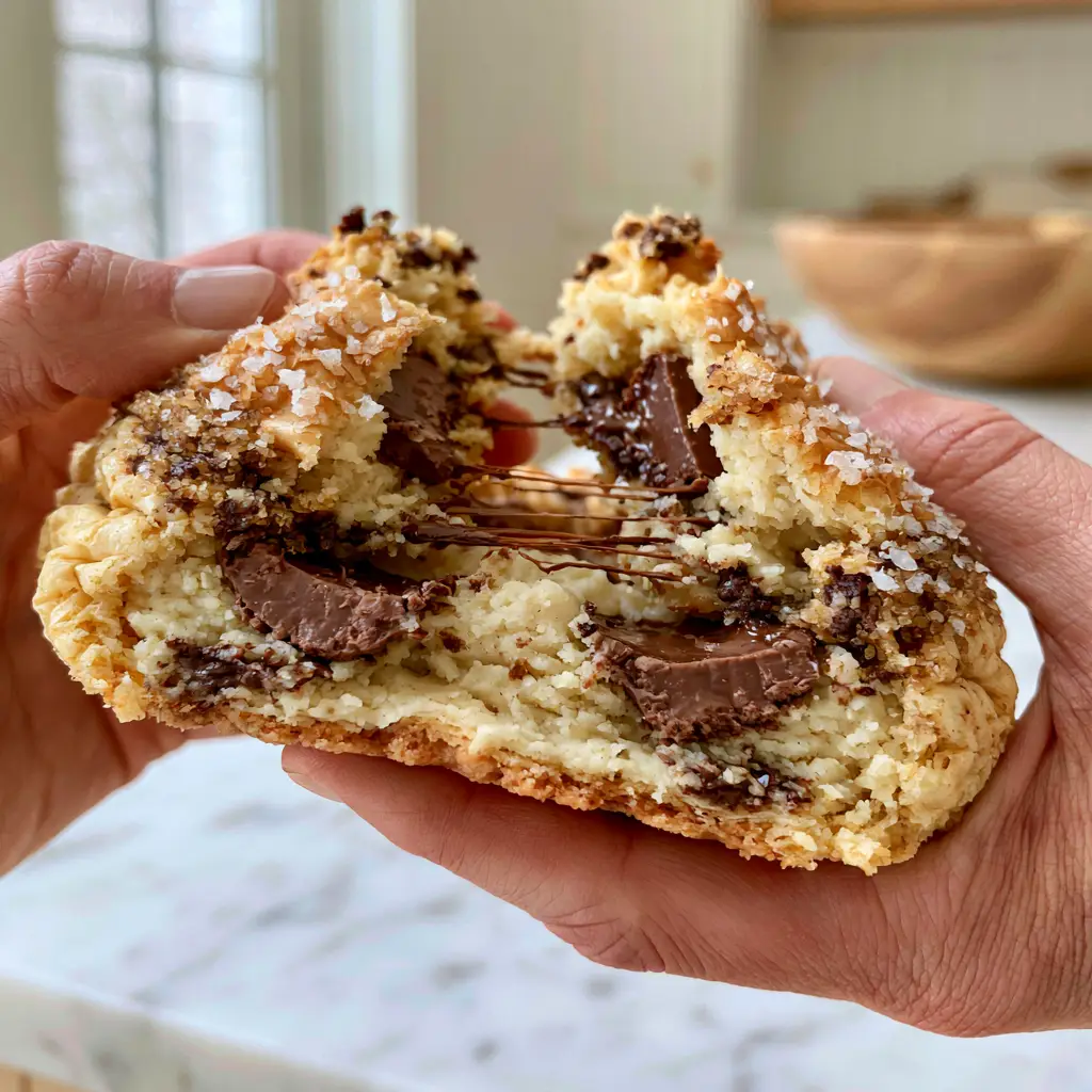 Close-up of a rustic farmhouse chocolate chip cookie with crinkled edges and flaky sea salt on a marble countertop.