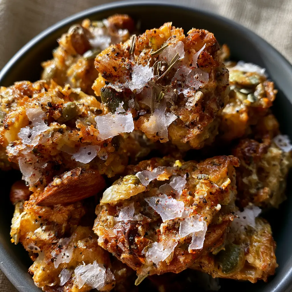 Top-down macro shot of savory snack recipes showing matte protein glaze, rosemary needles, and smoked paprika grains.