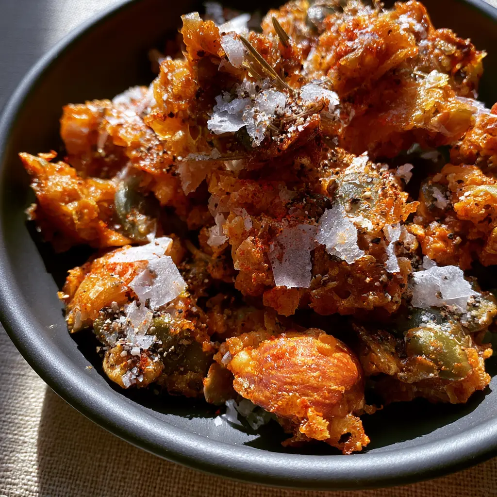 Detailed view of roasted almonds and green pepitas with translucent sea salt flakes for savory snack recipes.