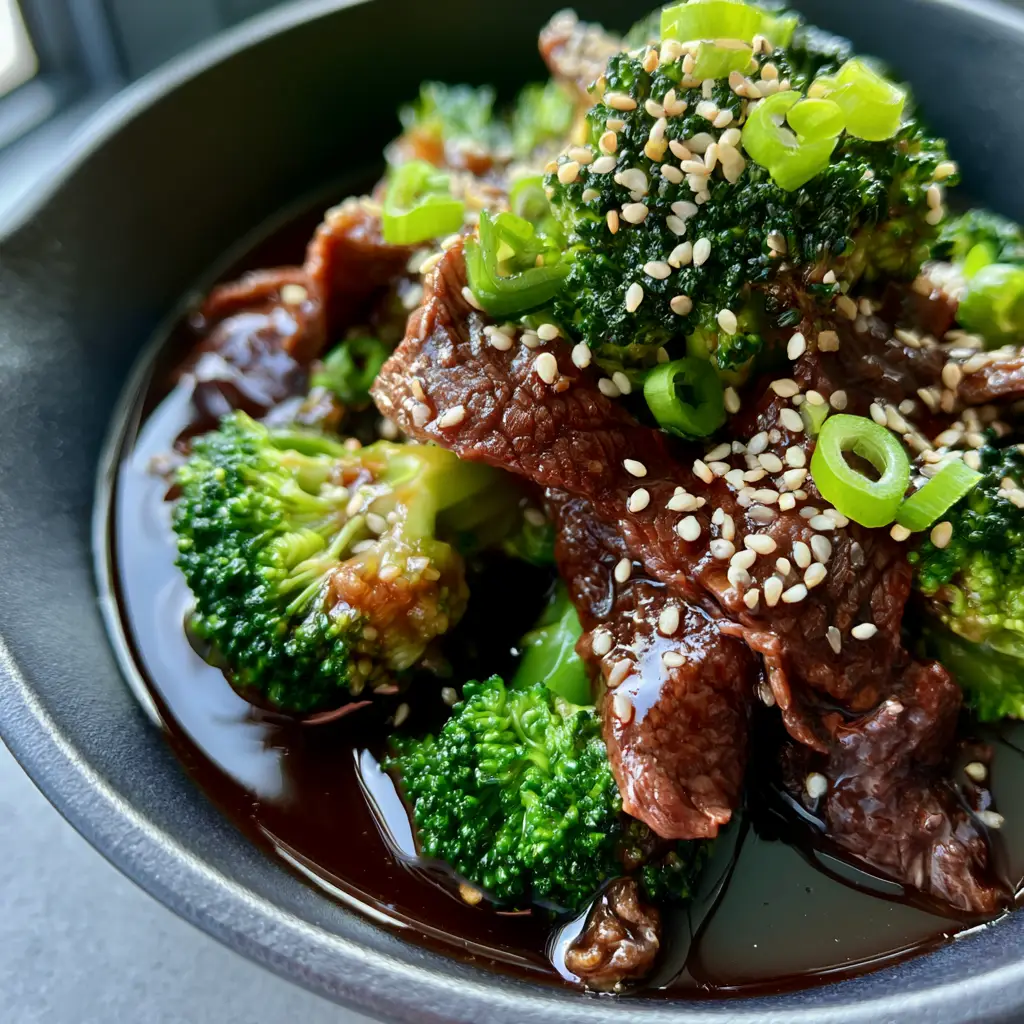 Overhead shot of beef and broccoli garnished with white sesame seeds and scallion rounds in a cast iron skillet.