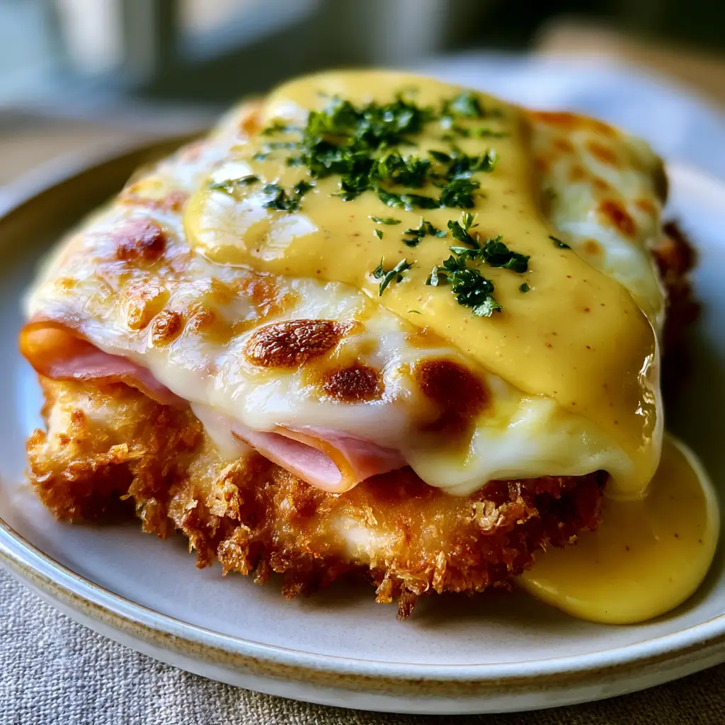 Melted Swiss cheese with toasted golden bubbles on top of a crispy malibu chicken breast.
