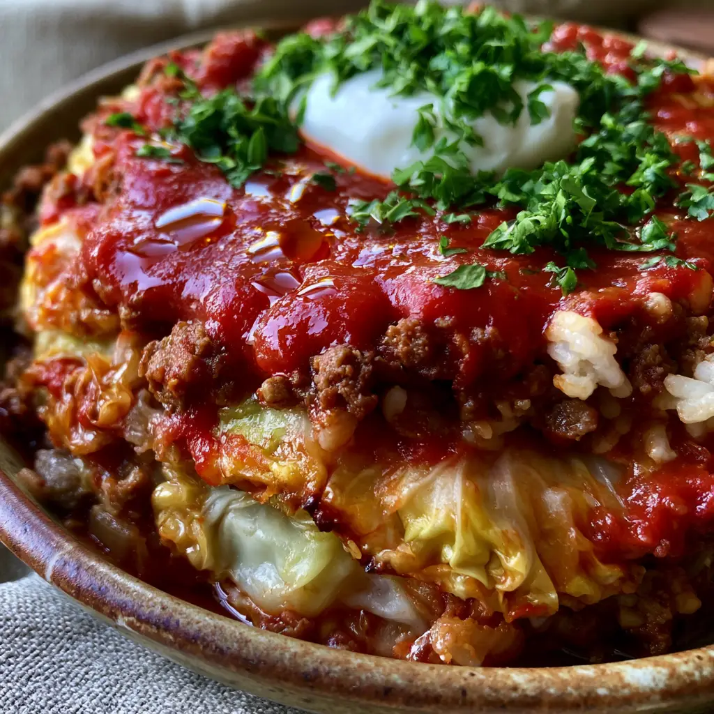 Layered steamed green cabbage and beef crumbles in a rustic ceramic bowl for stuffed cabbage rolls.