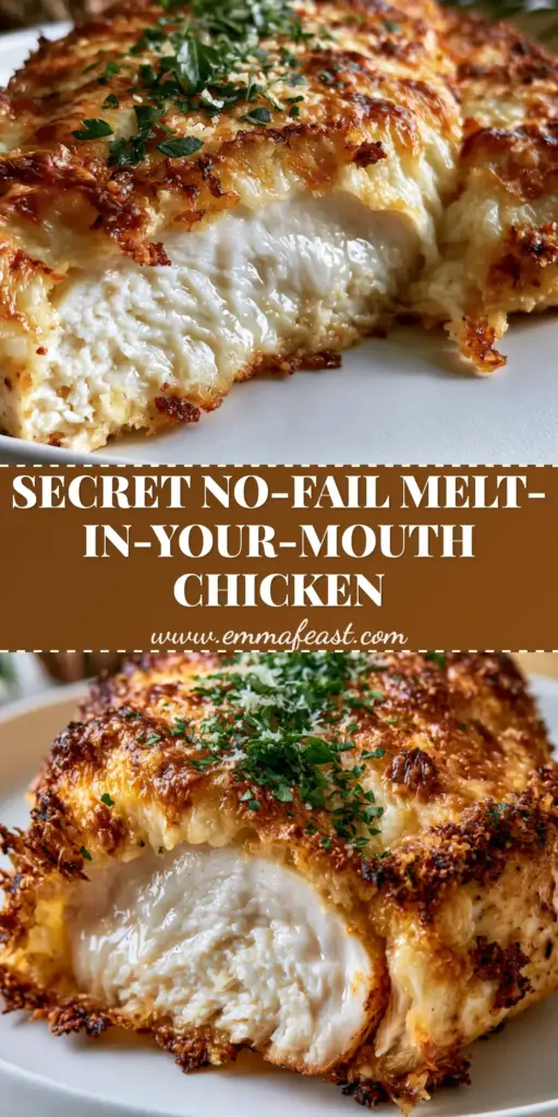 A close-up of sliced melt in your mouth chicken breast showing a moist interior and a bubbly golden-brown garlic parmesan crust on a white plate.