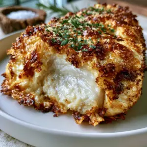 Macro view of meat fibers and a bubbly garlic parmesan crust of the melt in your mouth chicken.
