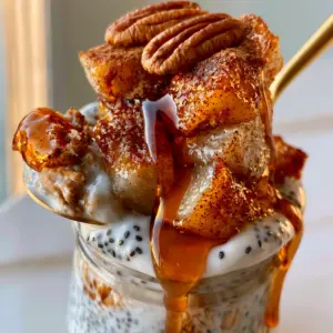 Close up of a glass jar filled with apple cinnamon overnight oats, showing layers of chia seeds and caramelized apples.