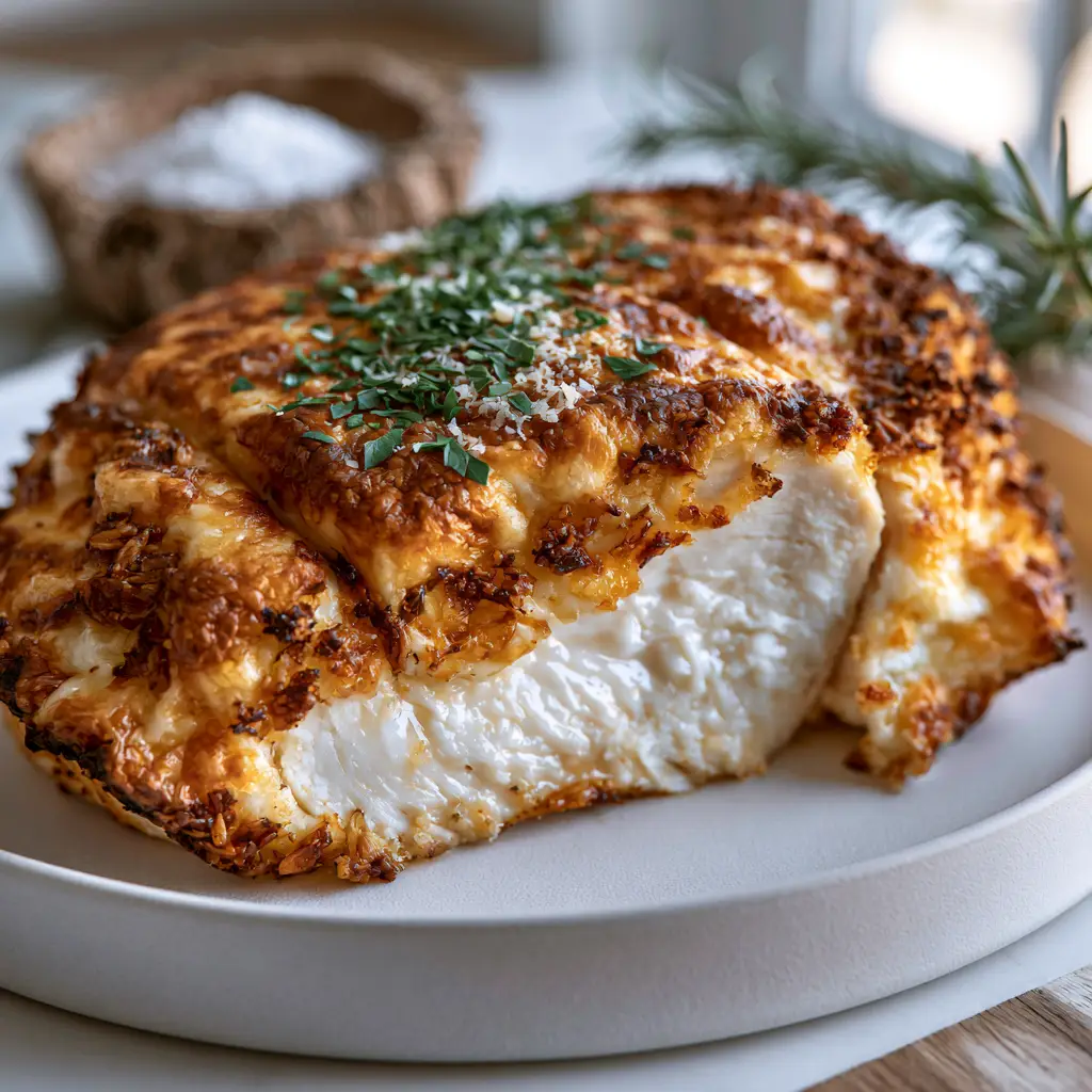 Juicy oven-baked chicken breast sliced in half on a matte white plate with parsley garnish. (melt in your mouth chicken)