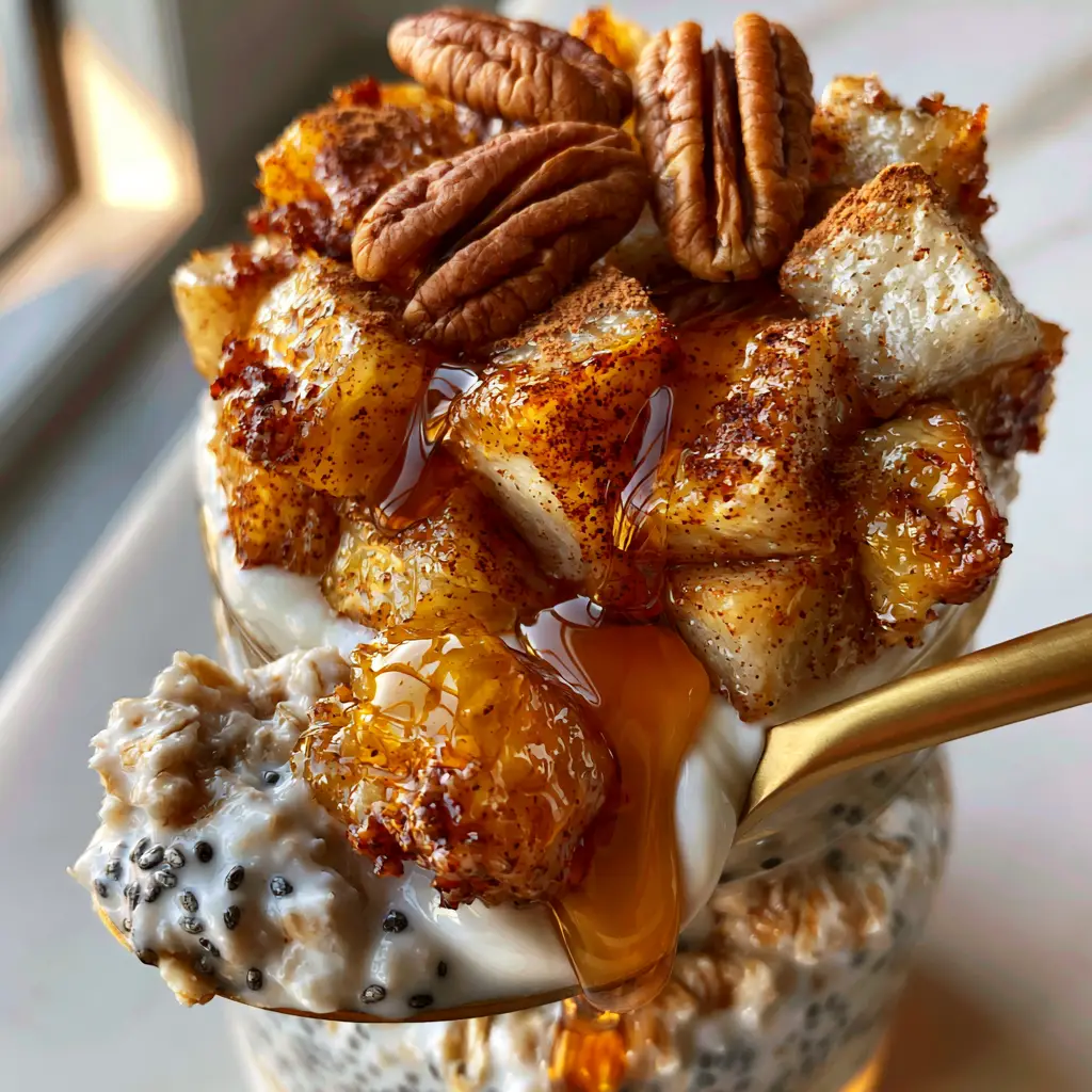 Sautéed cinnamon apples piled high on top of overnight oats with a gold spoon lifting a bite.