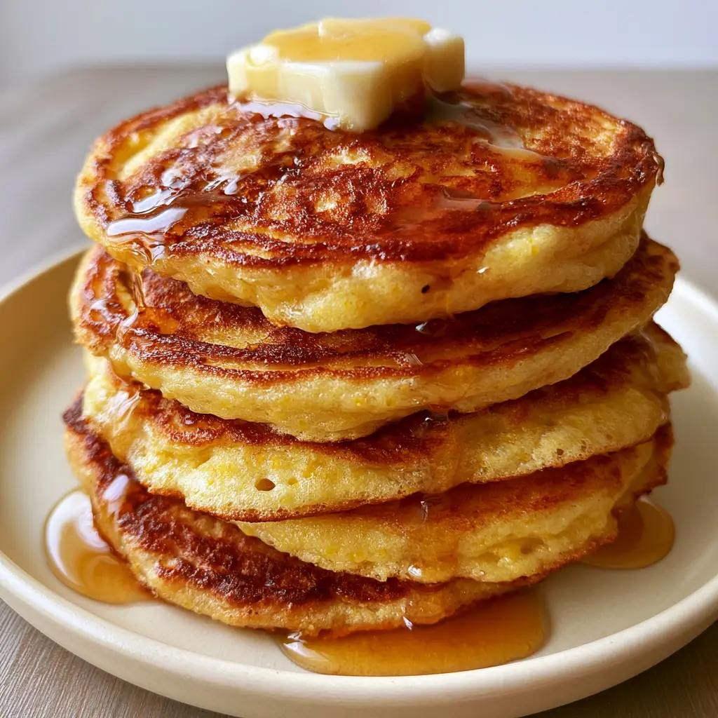 Cornmeal Pancakes: The Ultimate Fluffy and Crispy-Edged Breakfast 1 A steaming stack of cornmeal pancakes on a wooden table with natural morning light. (cornmeal pancakes)