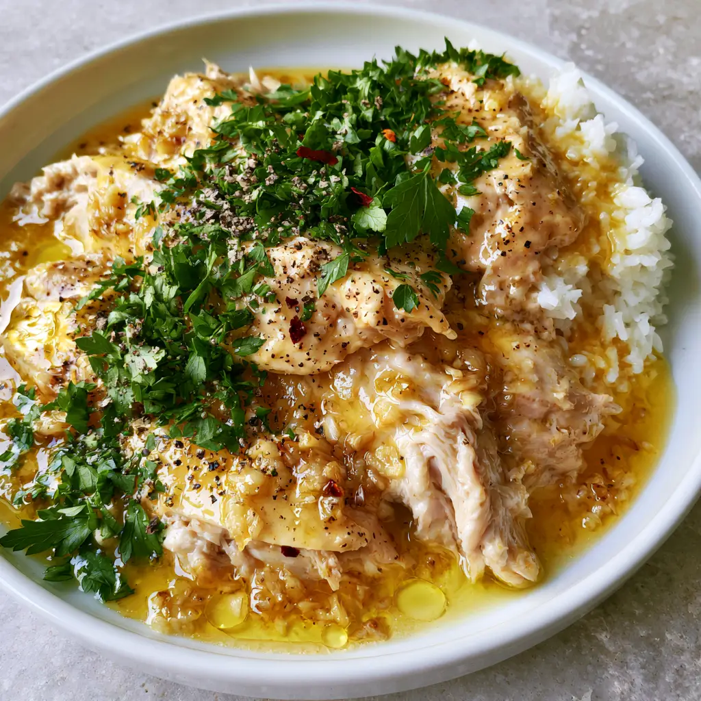 Overhead view of slow cooker chicken with tiny pools of melted butter and minced garlic over fluffy rice.