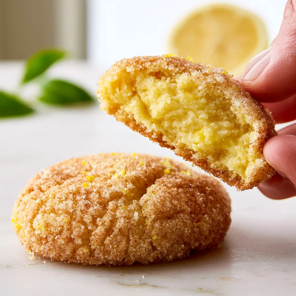 Top down view of a crackled Lemon Snickerdoodle with visible yellow zest specks and sparkling sugar.