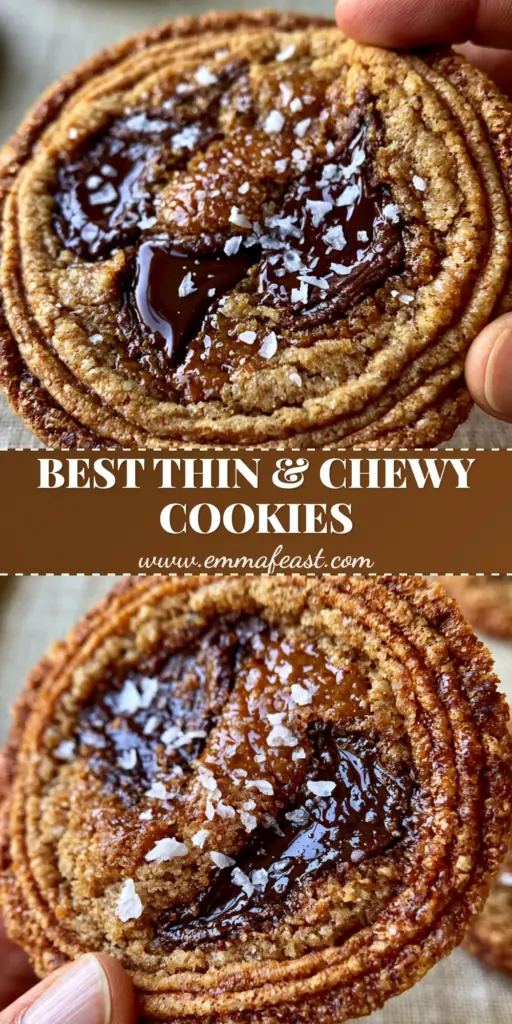 A close-up of thin and chewy chocolate chip cookies showing distinct ripples, melted chocolate pools, and flaky salt on a beige linen surface.
