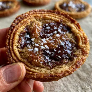Macro shot of a bendable thin and chewy chocolate chip cookie being flexed by hand to show its soft texture and toffee center.
