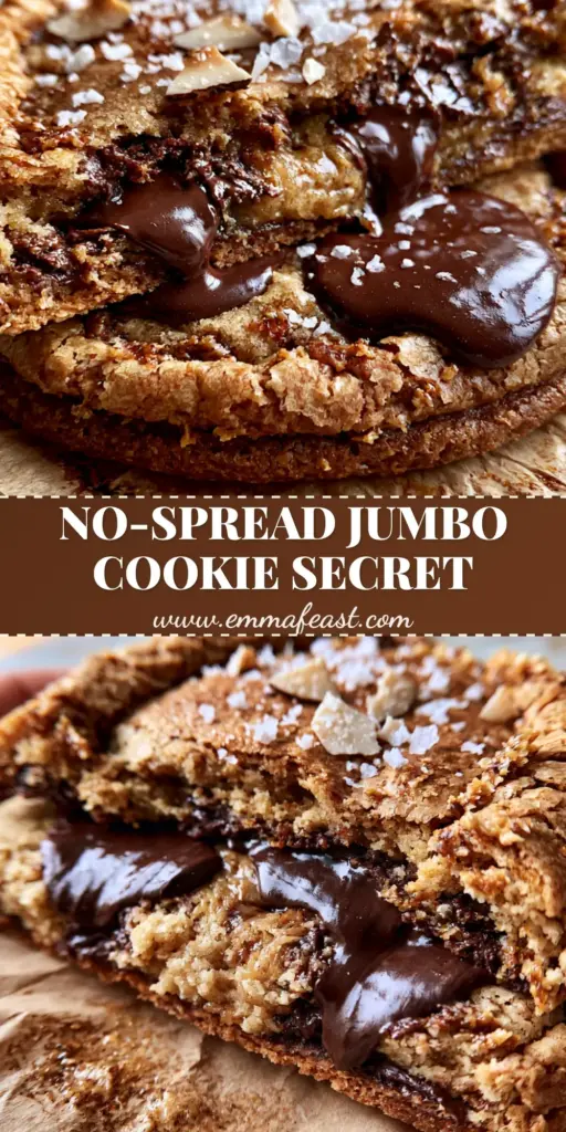 A massive 6-ounce Jumbo Chocolate Chip Cookie with molten chocolate pools and flaky sea salt on brown parchment paper.