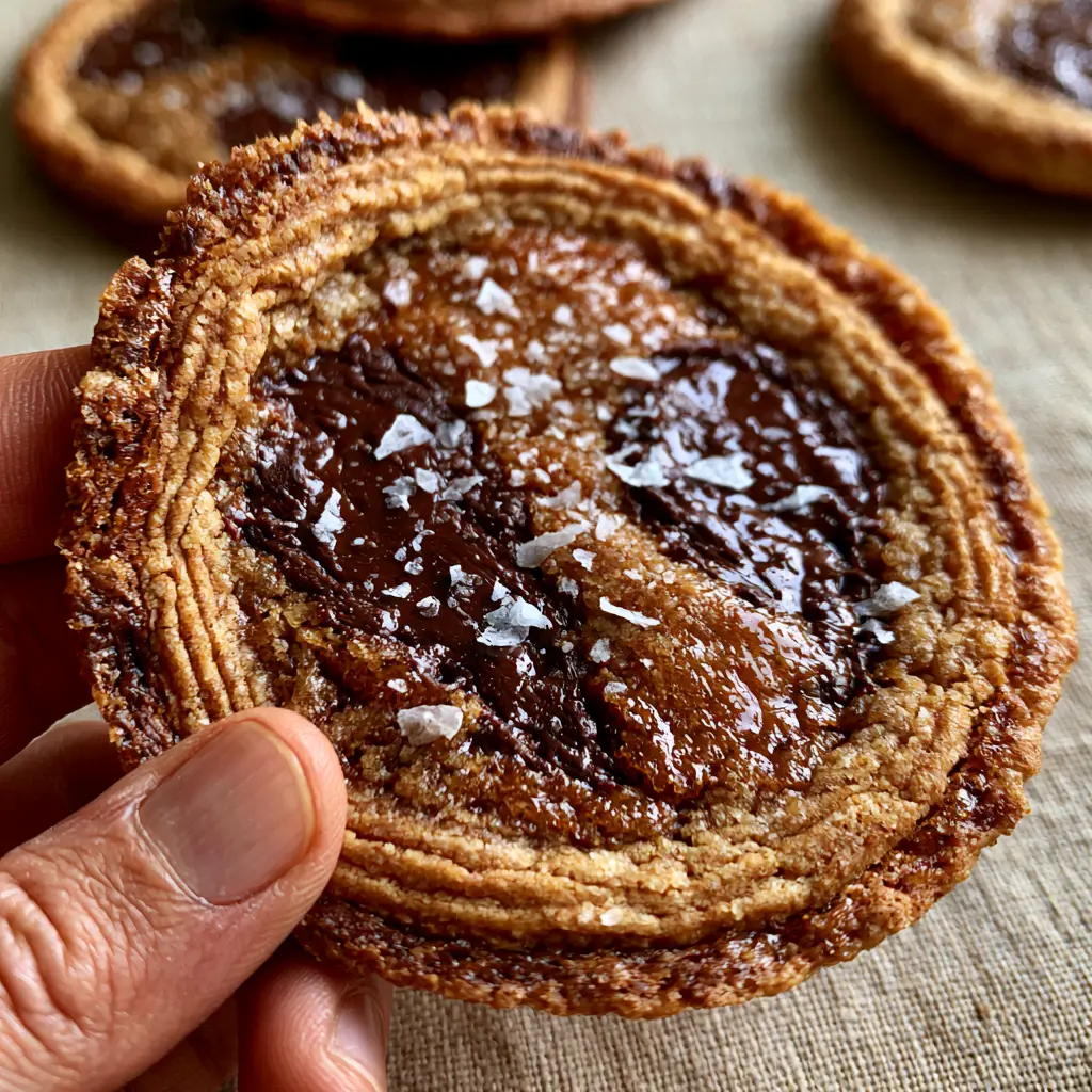 Top down view of a thin and chewy chocolate chip cookie featuring concentric sugar ripples and glossy dark chocolate chunks.
