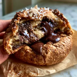Macro photo of a Jumbo Chocolate Chip Cookie being pulled apart to reveal a molten, gooey center.