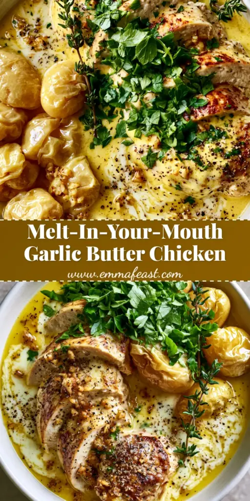 A close-up of Slow Cooker Garlic Butter Chicken with thick slices of seared breast in a creamy yellow sauce with gold potatoes and fresh parsley.