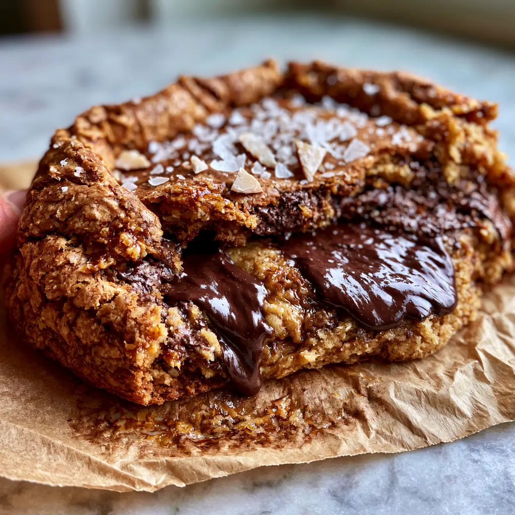 A top-down view of Jumbo Chocolate Chip Cookies on wrinkled brown parchment paper showing crinkly toasted exteriors.