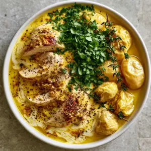 Top-down view of Slow Cooker Garlic Butter Chicken featuring golden-brown seared meat and velvety marbled sauce. (Slow Cooker Garlic Butter Chicken)