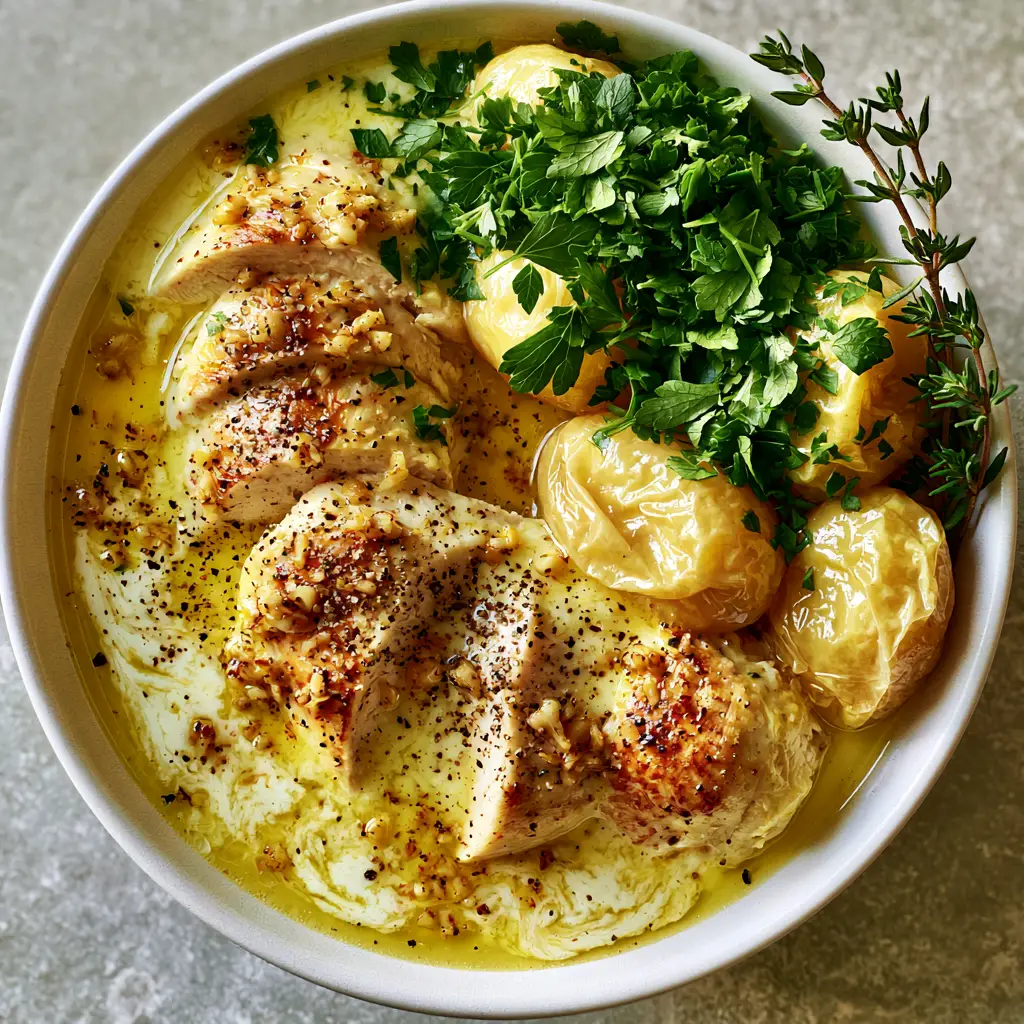 Detailed shot of baby gold potatoes and seared chicken in a garlic butter sauce speckled with black pepper. (Slow Cooker Garlic Butter Chicken)