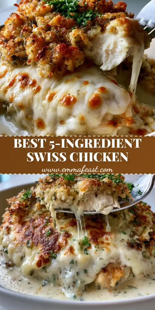 A close-up shot of Slow Cooker Swiss Chicken in a matte white bowl with bubbly cheese and a silver fork creating a cheese pull.