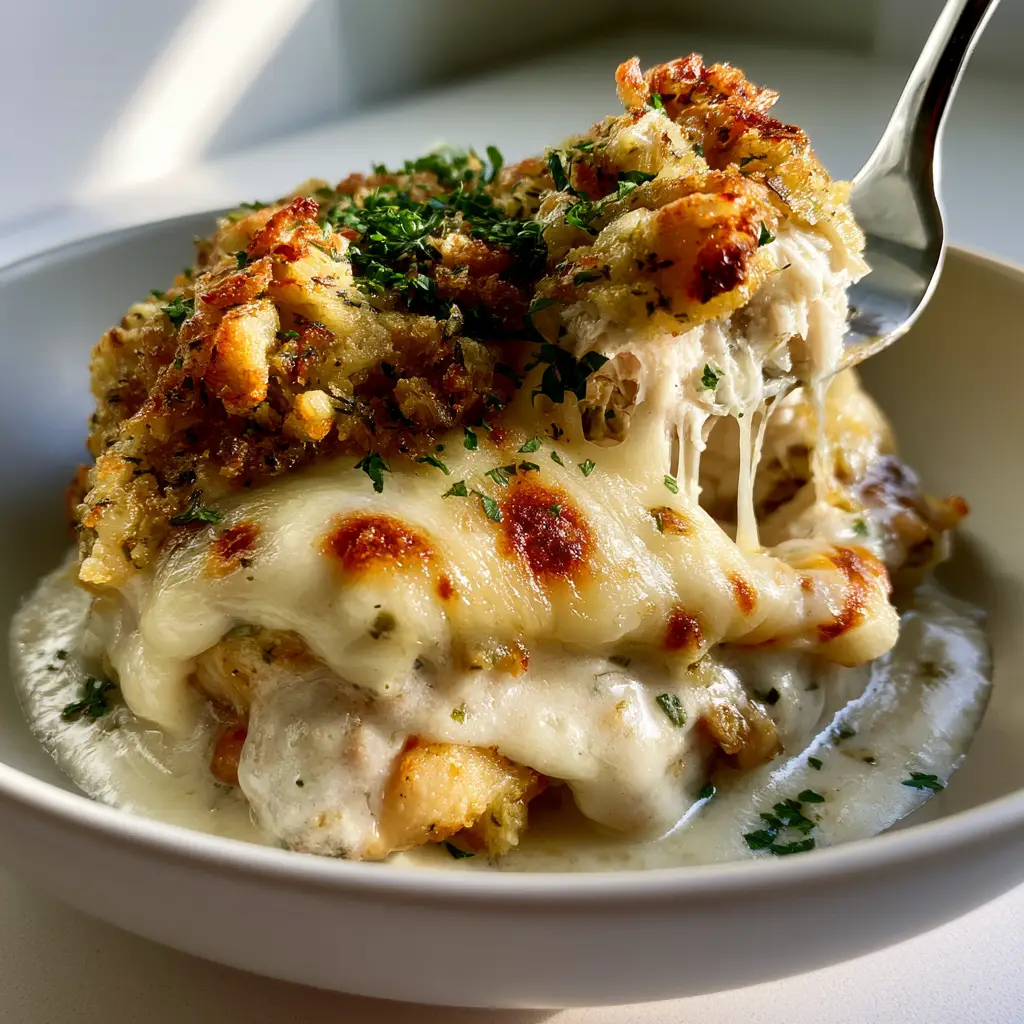 Eye-level shot of a single serving of Slow Cooker Swiss Chicken showing the dense, crunchy layer of buttery herb stuffing.