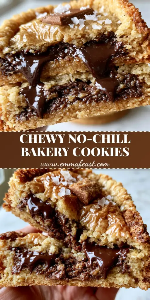 A stack of thick, bakery-style melted butter chocolate chip cookies with visible chocolate pools and sea salt garnish.