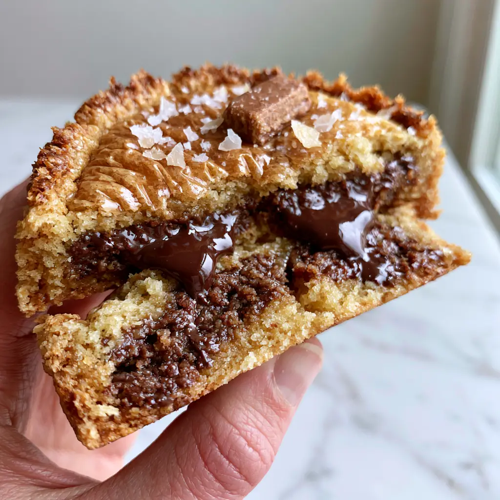 Close up of the shiny crinkle top and toasted edges of a melted butter chocolate chip cookie on a marble counter.