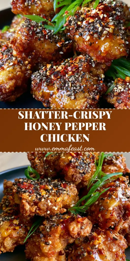 A mound of ultra-crispy hot honey chicken bites on a matte black plate with black pepper and scallions. (Crispy Hot Honey Chicken)