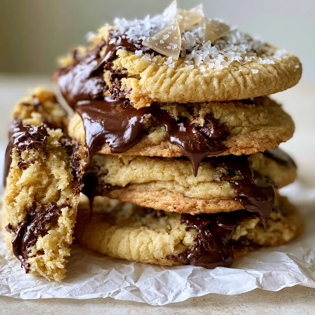 One No butter chocolate chip cookie broken in half to reveal a moist, gooey interior crumb.