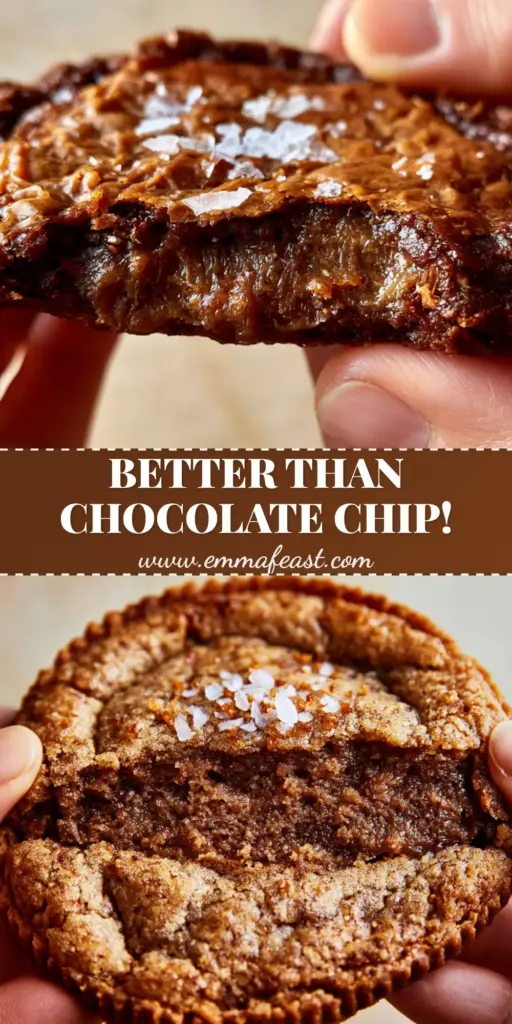 A thick, ultra-soft chocolate chipless cookie being pulled apart to reveal a fudgy toffee center with lacy golden edges and Maldon salt crystals.
