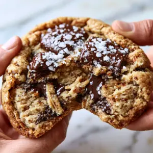 Extreme close-up of a thick chocolate chip cookie being pulled apart, showing a gooey center and molten chocolate pools. (chocolate chip cookies)