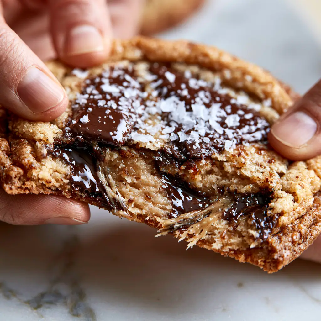 Close-up of the crinkly top crust and glistening chocolate chunks on a brown butter cookie. (chocolate chip cookies)