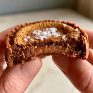 Close up photo of a chocolate chipless cookie showing the lacy caramelized edges and amber specks of browned butter.