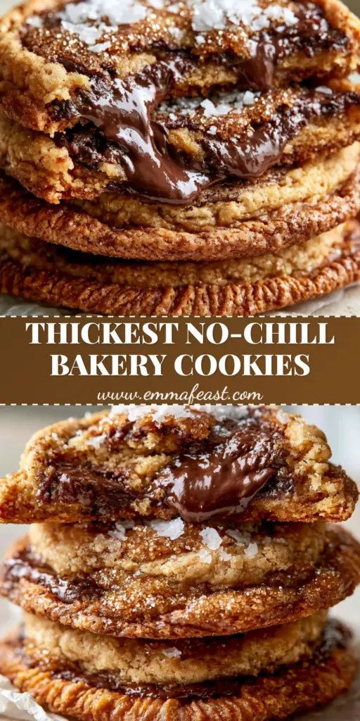 A stack of three ultra-thick Bakery-style chocolate chip cookies with molten chocolate puddles and flaky salt on parchment paper.