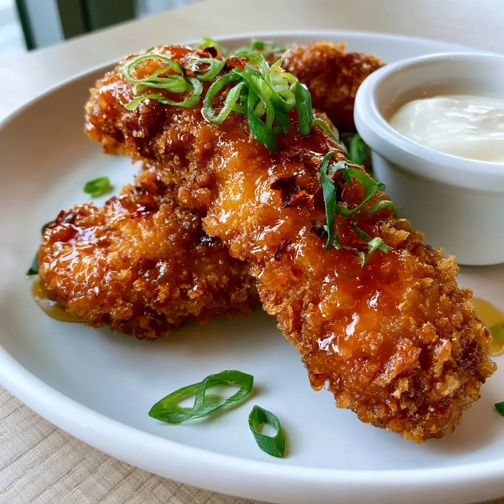 Spicy Honey Chicken Tenders: Extra Crispy Panko Recipe 2 A handheld photo of three large extra-crispy panko-breaded spicy honey chicken tenders on a white plate. (spicy honey chicken tenders)