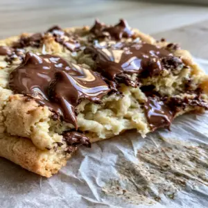 Extreme close-up of a massive Crumbl copycat chocolate chip cookie being broken in half, revealing a pale doughy center and melted chocolate.