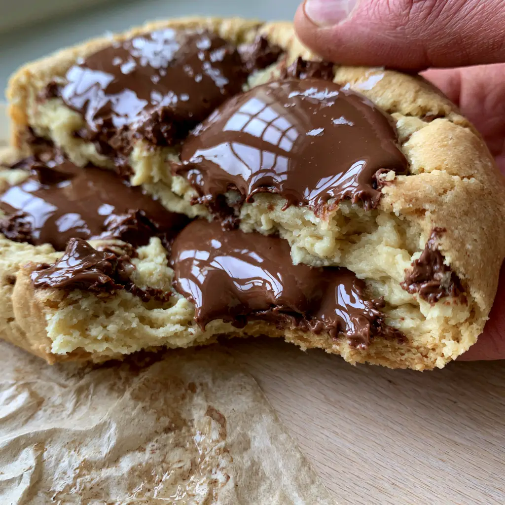 Golden brown edges and high-gloss milk chocolate pools on a Crumbl copycat chocolate chip cookie.