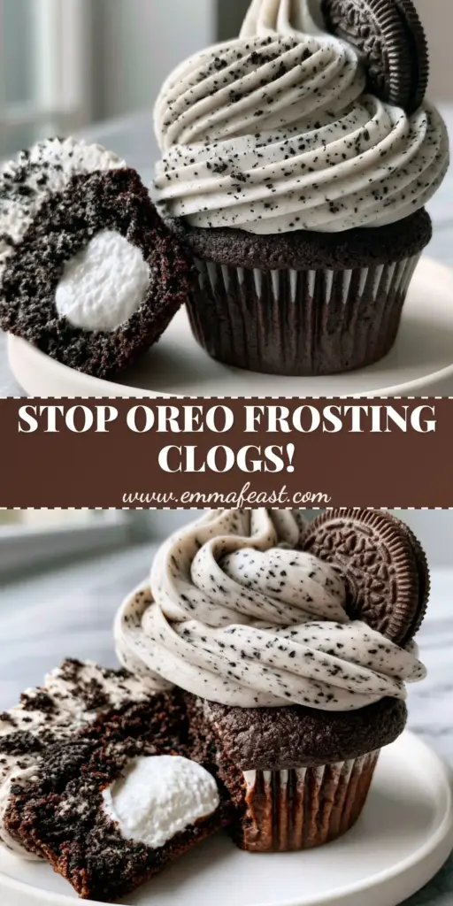 A vertical photo of Cookies & Cream Cupcakes with a massive Oreo frosting swirl and a mini Oreo garnish on a marble countertop.