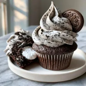 A close-up shot of Cookies & Cream Cupcakes showing the moist dark cocoa sponge and sharp buttercream ridges.