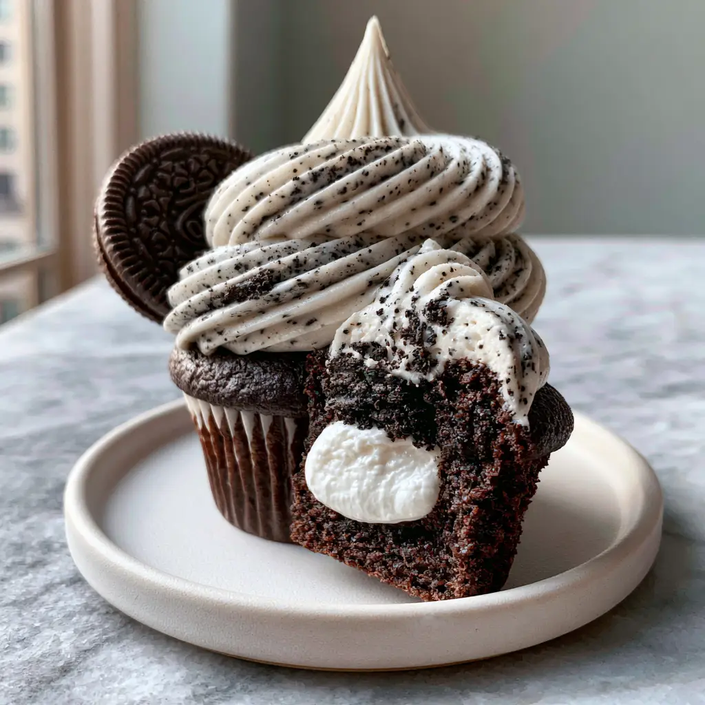 A Cookies & Cream Cupcake sliced in half to reveal the brilliant white marshmallow center.