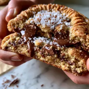 Extreme macro close-up of a 2-inch thick jumbo cookie with rippled golden edges and melted semi-sweet chocolate pools. (Crumbl chocolate chip cookie recipe)