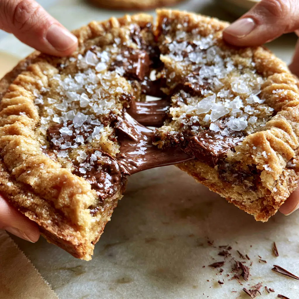 A soft, gooey underbaked center of a chocolate chip cookie being pulled apart with large translucent flakes of sea salt.