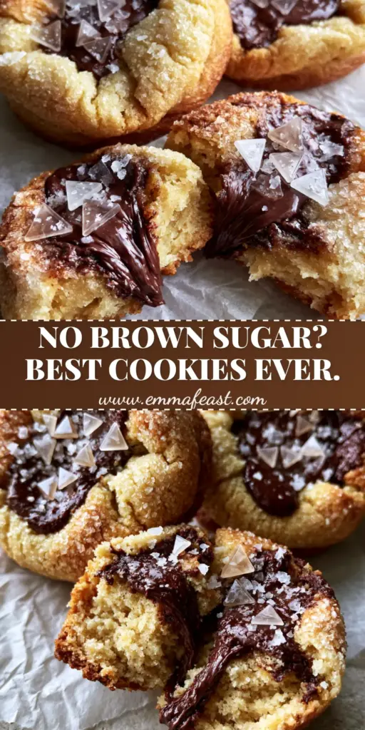 Top-down view of three thick bakery-style chocolate chip cookies with melted chocolate pools and sea salt on crumpled parchment paper. (chocolate chip cookie no brown sugar)