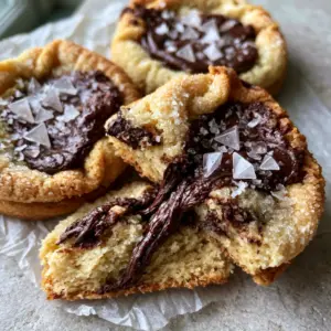 Extreme close-up of pale golden-blonde cookie dough with glossy dark chocolate chunks and pyramid sea salt. (chocolate chip cookie no brown sugar)