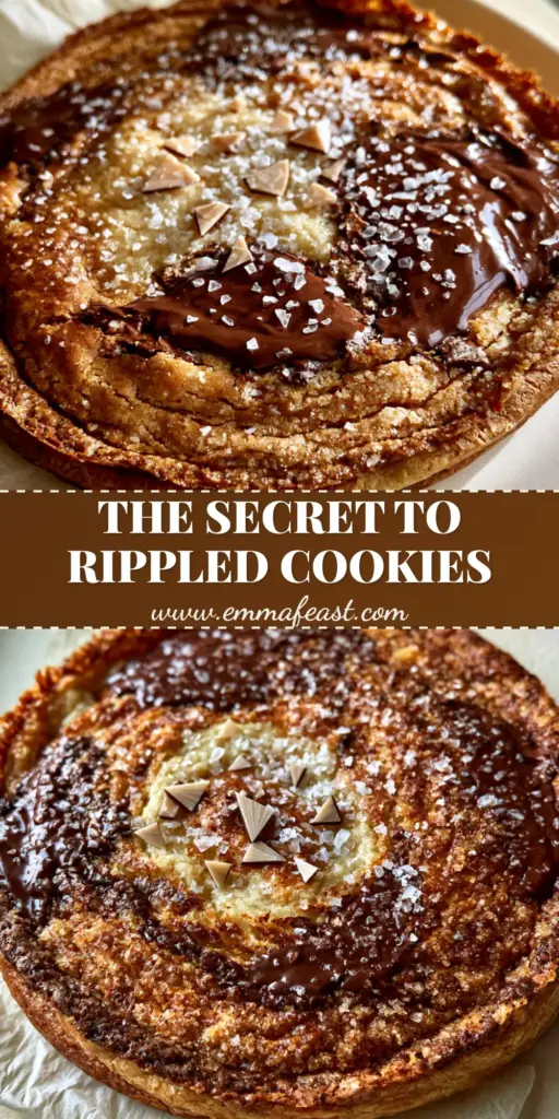 A close-up of a giant rippled chocolate chip cookie with shattered golden edges and glossy chocolate pools on wrinkled parchment paper. (Rippled Chocolate Chip Cookies)
