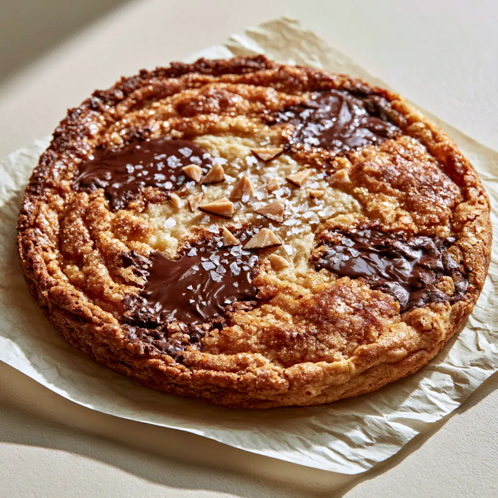 Multiple oversized rippled chocolate chip cookies on a neutral plaster background showing melted dark chocolate pools.