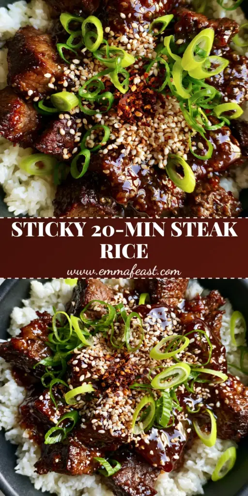 A top-down view of Sticky Honey Garlic BBQ Steak Rice in a black bowl, featuring charred sirloin bites with a glossy mahogany glaze, sesame seeds, and green scallions.