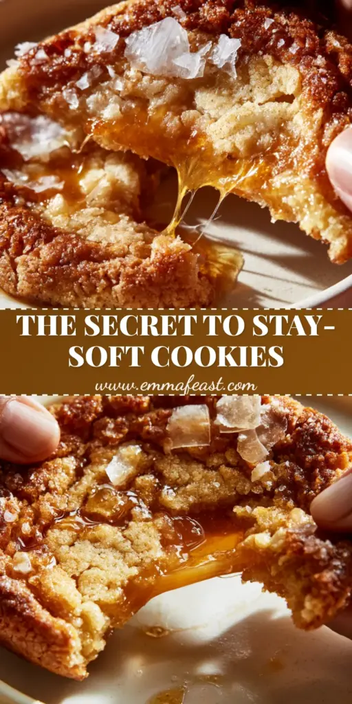 Salted Caramel Cookies with Molten Brown Butter and Flaky Sea Salt 3 A warm brown butter salted caramel cookie being pulled apart to reveal a thick molten liquid caramel center and amber thread.