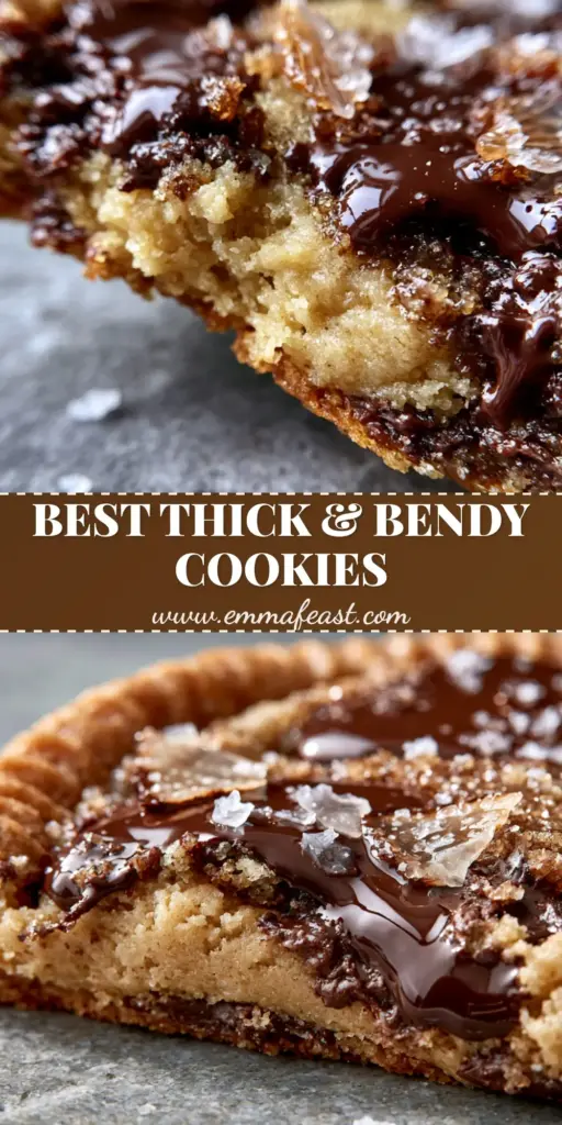 A warm, bakery-style chewy chocolate chip cookie being flexed to show a soft underbaked center and glistening dark chocolate puddles.